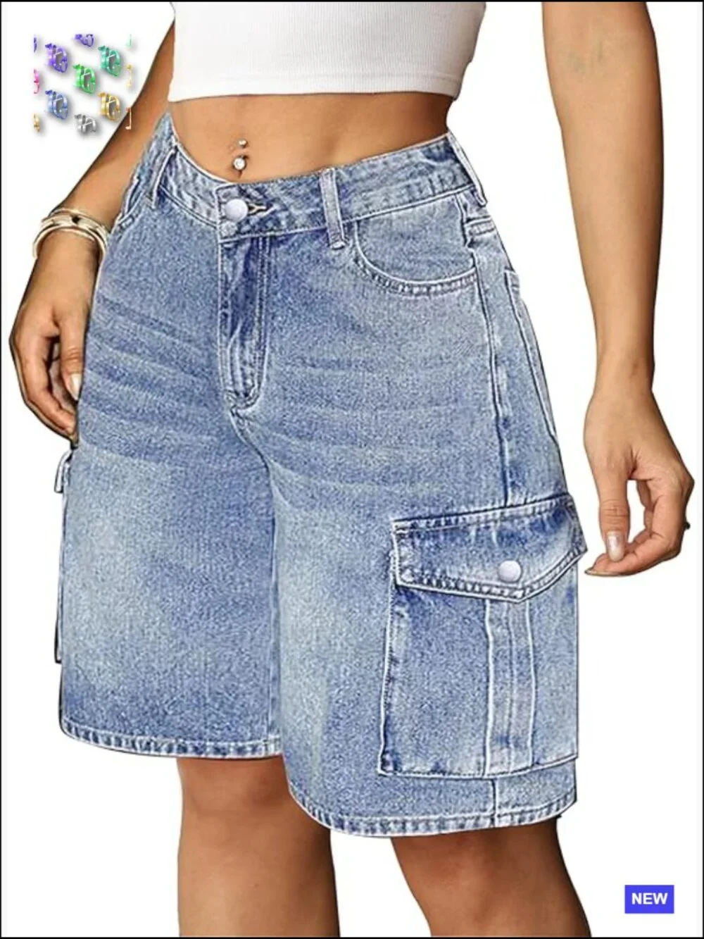 Baggy Bermuda Cargo Jorts Y2K Knee Length Stretchy Denim Shorts 6 Pockets